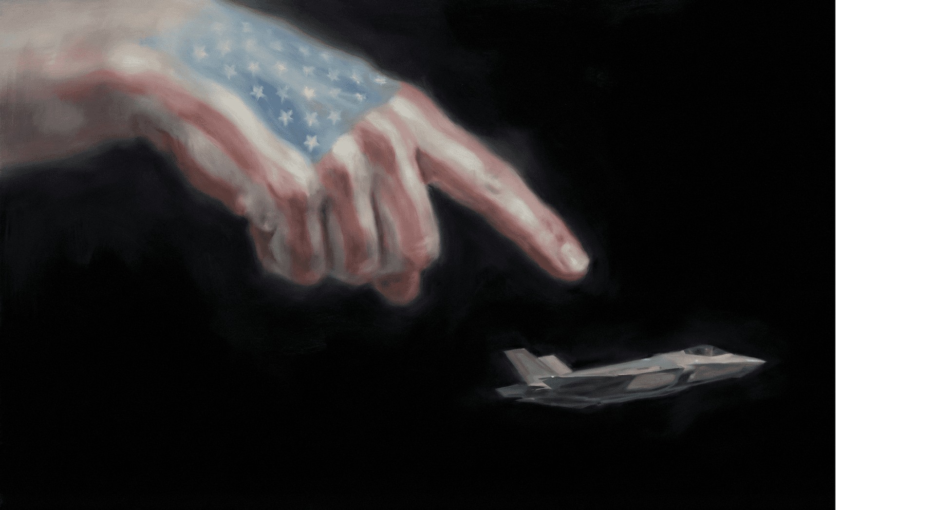Eine Hand in den Farben der US-Flagge zeigt auf eine F35 Lightning II.