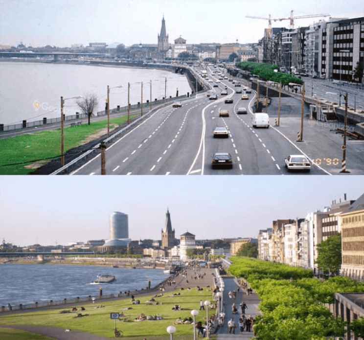 Die deutsche Stadt Düsseldorf in den Jahren 1990 und 2019. Die Straßen wurden unter die Erde verlegt.