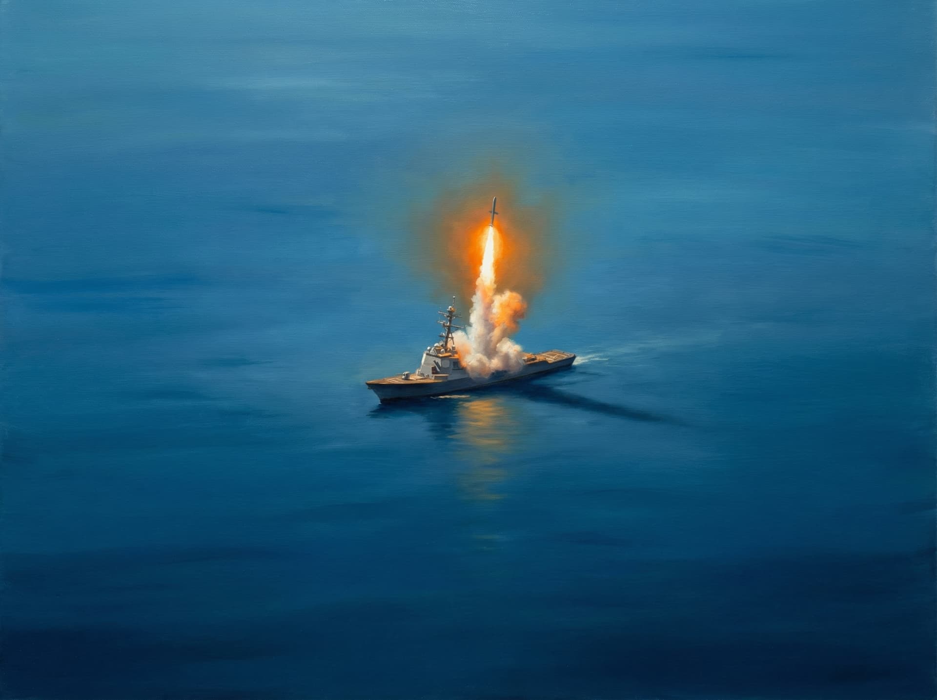 An Arleigh Burke-class destroyer fires a Tomahawk missile (illustrative).