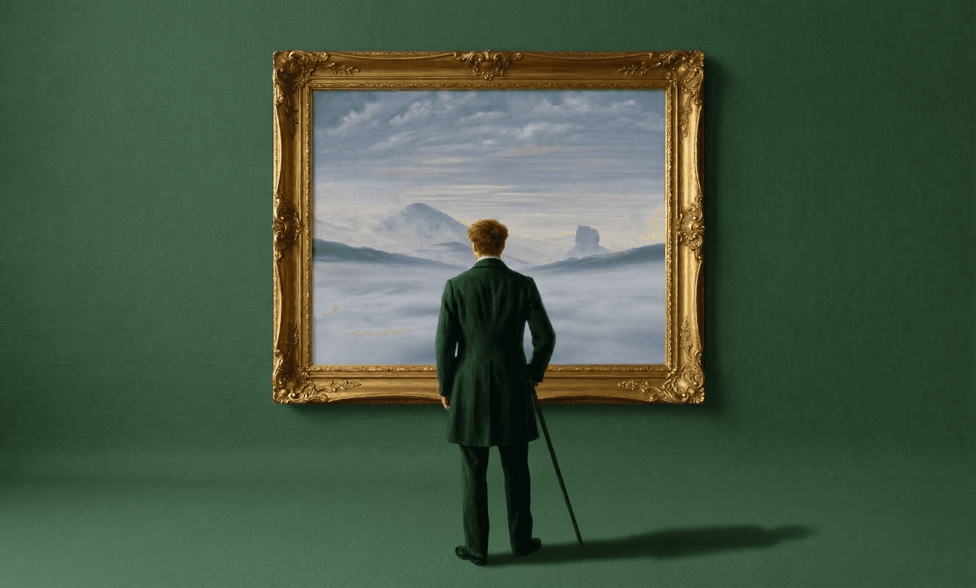 Une adaptation du « Voyageur contemplant une mer de nuages » de Caspar David Friedrich. Le voyageur observe une œuvre d'art ressemblant au paysage de son propre tableau.