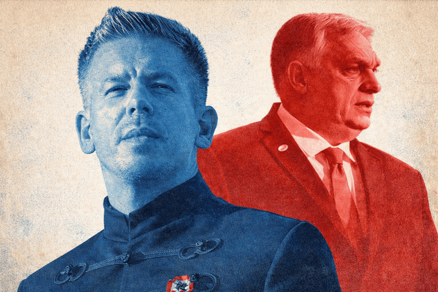 A collage of Péter Magyar of Tisza, and Victor Orbán of Fidesz.
