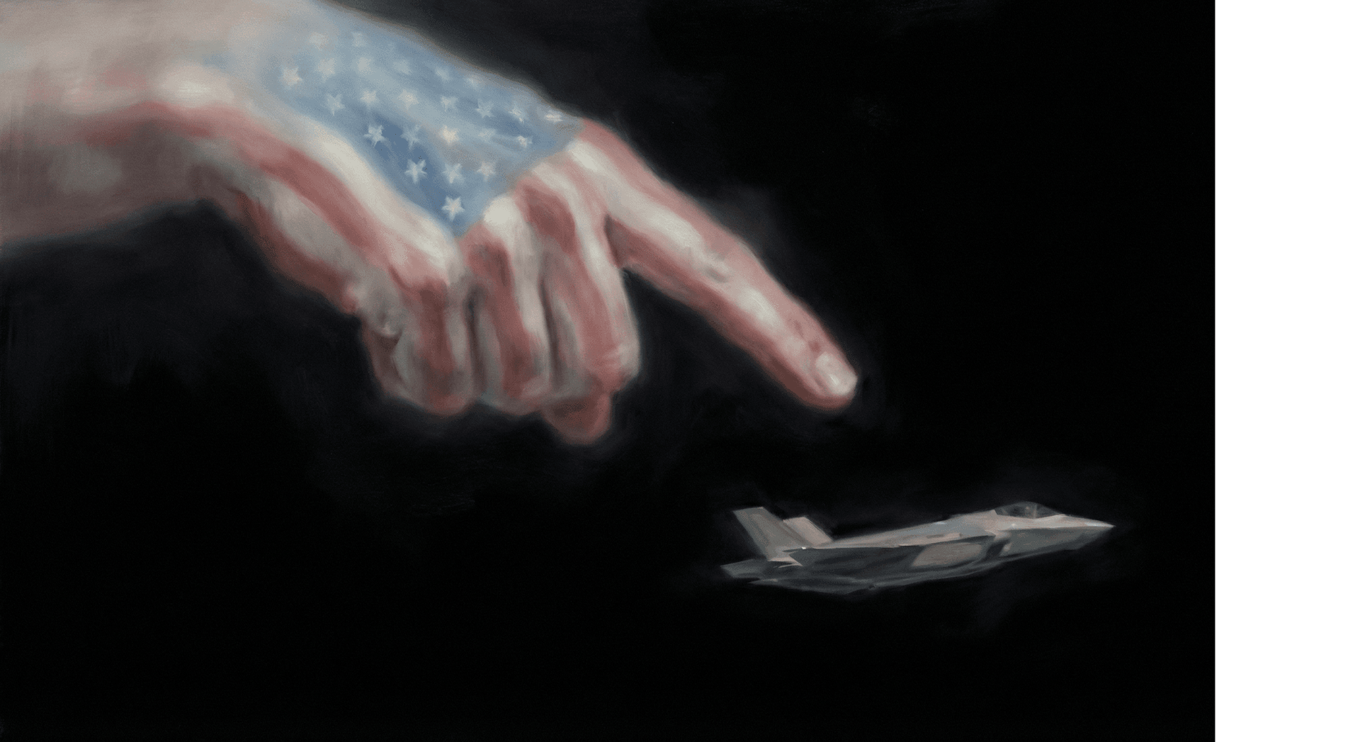 Eine Hand in den Farben der US-Flagge zeigt auf eine F35 Lightning II.