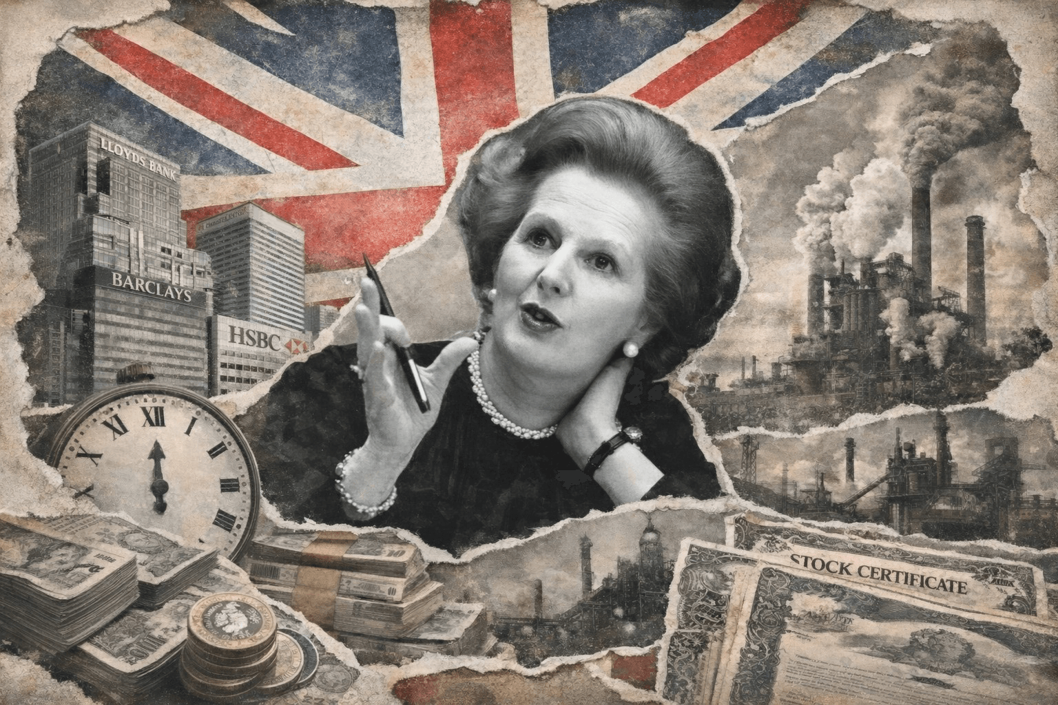 Un collage de style papier déchiré présentant au centre un portrait en noir et blanc de l'ancienne Première ministre britannique Margaret Thatcher, sur le fond d'un drapeau de l'Union Jack vieilli.