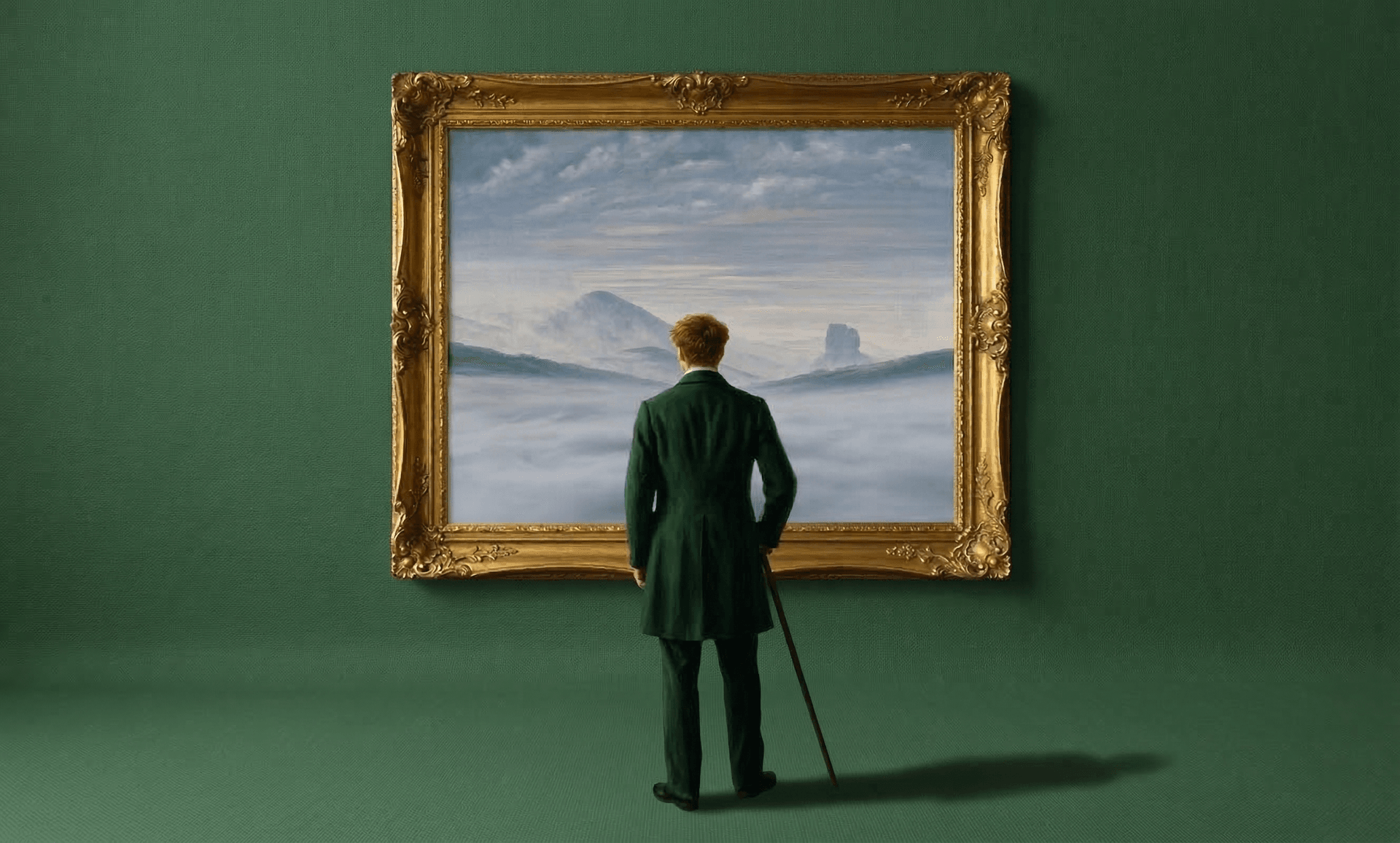 Une adaptation du « Voyageur contemplant une mer de nuages » de Caspar David Friedrich. Le voyageur observe une œuvre d'art ressemblant au paysage de son propre tableau.