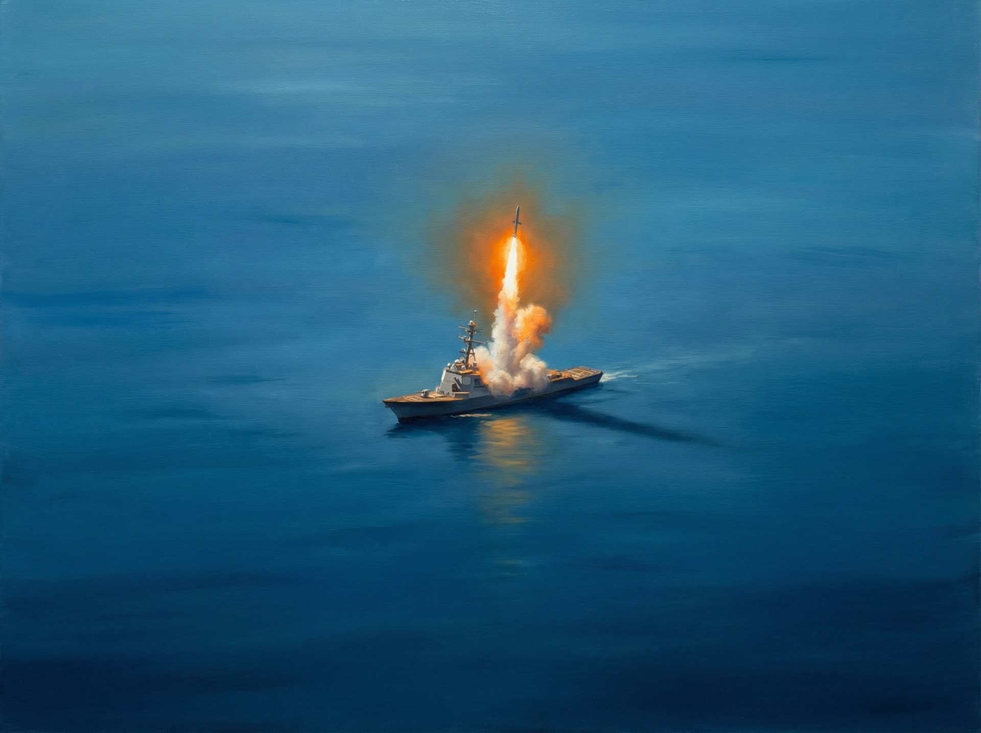 An Arleigh Burke-class destroyer fires a Tomahawk missile (illustrative).